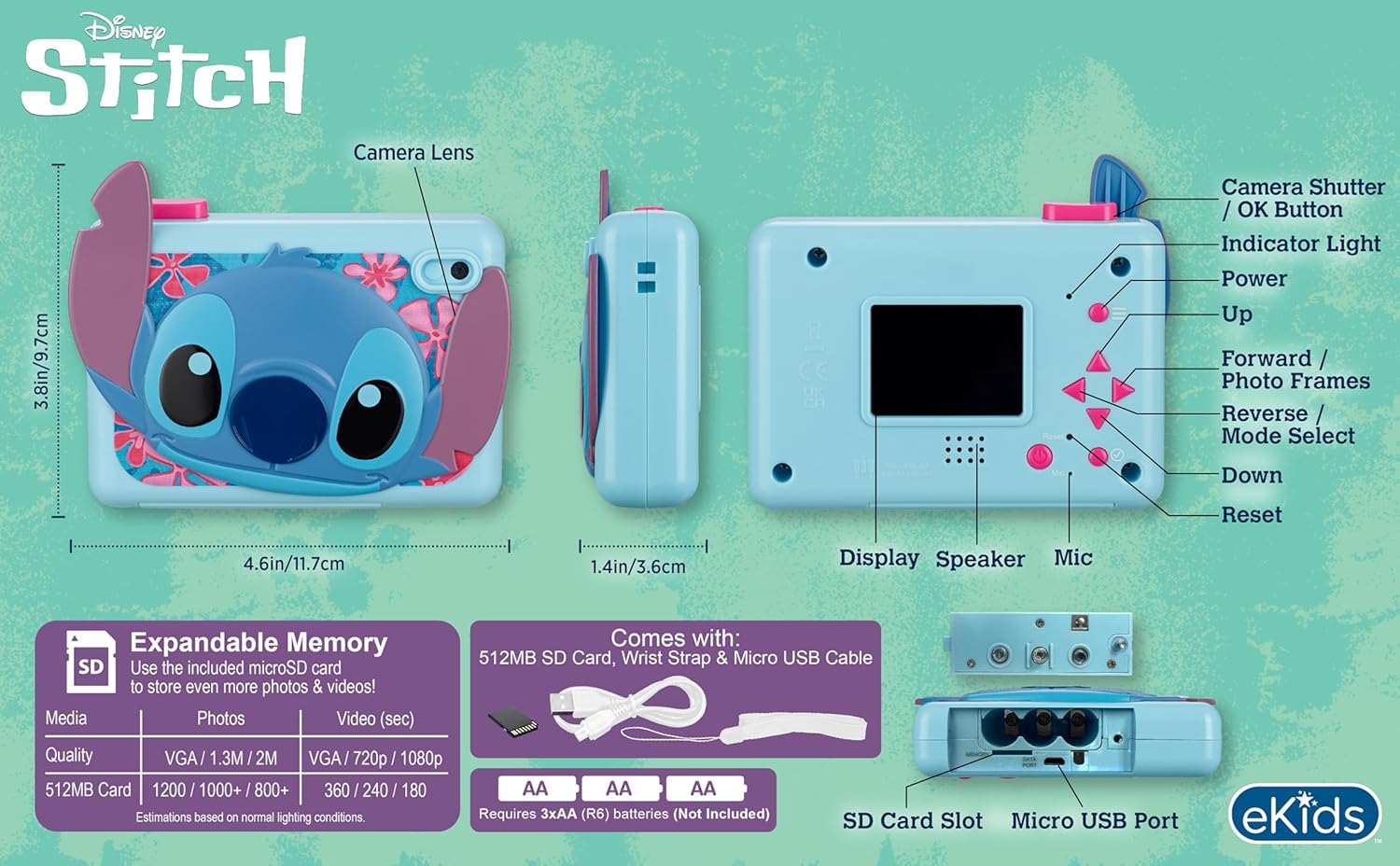 eKids Disney Stitch Appareil Photo numérique 2 Mpx, écran de 2 Pouces, Carte SD de 512 Mo, 5 Jeux Inclus, Bleu