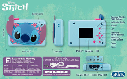eKids Disney Stitch Appareil Photo numérique 2 Mpx, écran de 2 Pouces, Carte SD de 512 Mo, 5 Jeux Inclus, Bleu