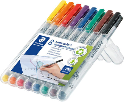 STAEDTLER 316 WP8 Lumocolor Non-Permanent Pen, Fine Line Width, 0.6mm - Assorted Colours (Pack of 8