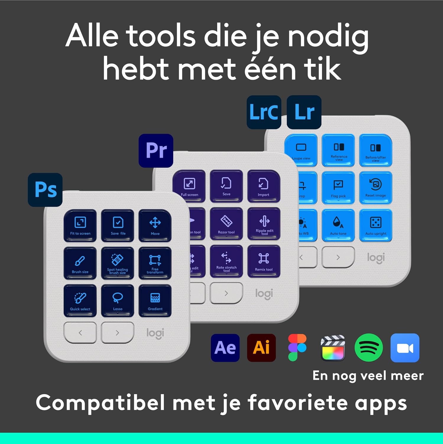 Logitech MX Creative Console, programmeerbaar toetsenblok met 9 aanpasbare lcd-toetsen en draaiknop voor grafisch ontwerp, videobewerking, fotografie, gebruik met Adobe, Zoom, Spotify en meer