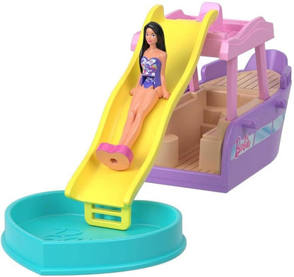 Barbie Mini BarbieLand Doll & Toy Vehicle Set, 1.5-inch Barbie Doll & Dream Boat with Color-Change, Plus Detachable Slide & Pool, HYF41