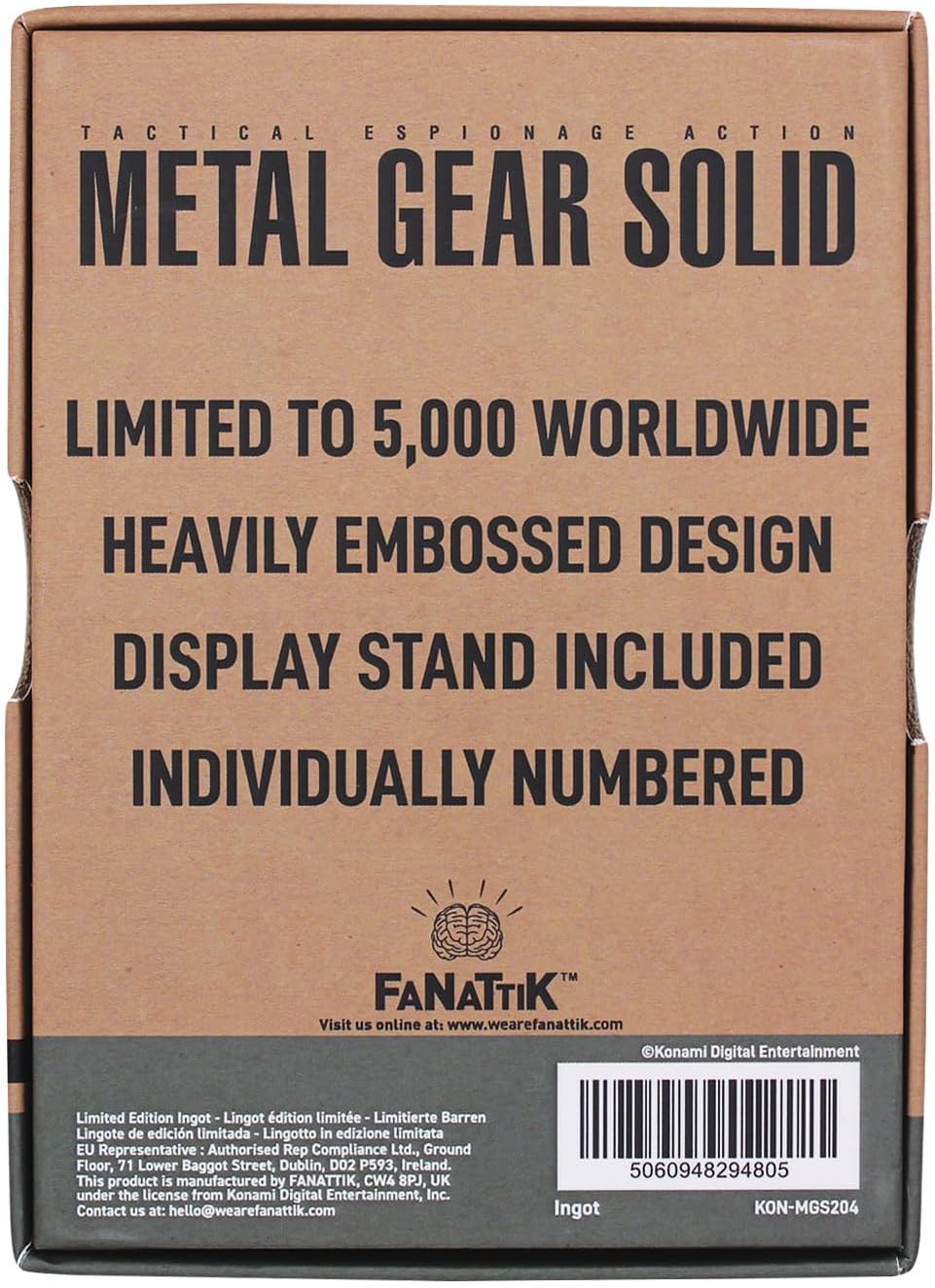 FaNaTtik Metal Gear Solid 2 Limited Edition Solid Snake Metal Ingot – Officially Licensed Merchandise, 5,000 Worldwide, Display Stand Included