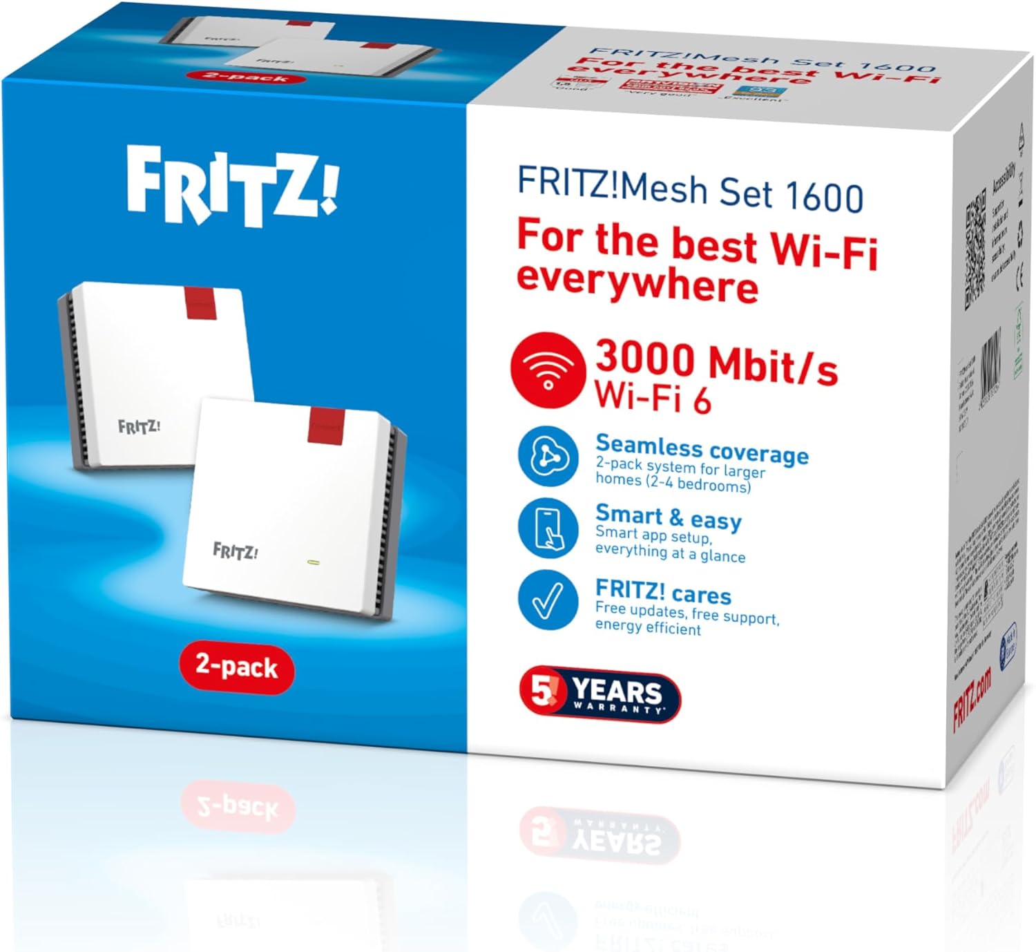 FRITZ!Mesh Wi-Fi Set 1600 (3 Pack) - Mesh WiFi up to 3,000 Mbit/s, Dual Band, Plug & Play, Compatible with All Routers, Free Updates, Made in Europe, 5 Year Warranty, for 5-7 Rooms