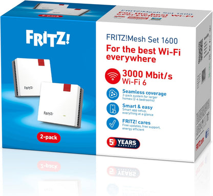 FRITZ!Mesh Wi-Fi Set 1600 (3 Pack) - Mesh WiFi up to 3,000 Mbit/s, Dual Band, Plug & Play, Compatible with All Routers, Free Updates, Made in Europe, 5 Year Warranty, for 5-7 Rooms
