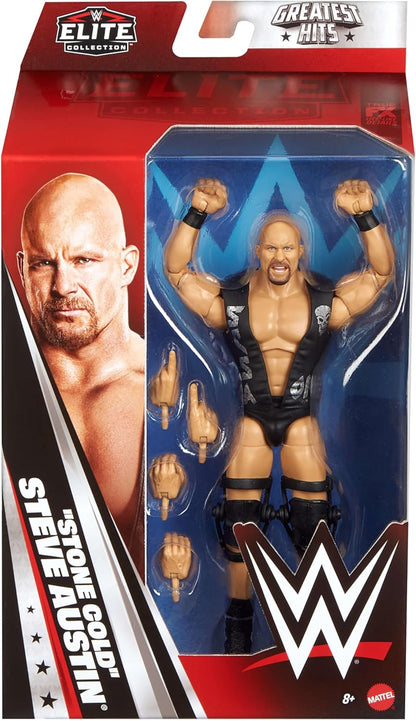 Mattel WWE Elite Action Figure & Accessories, Greatest Hits 2025 Set, 6-inch Collectible “Stone Cold” Steve Austin with 25 Articulation Points & Swappable Hands, JHT58