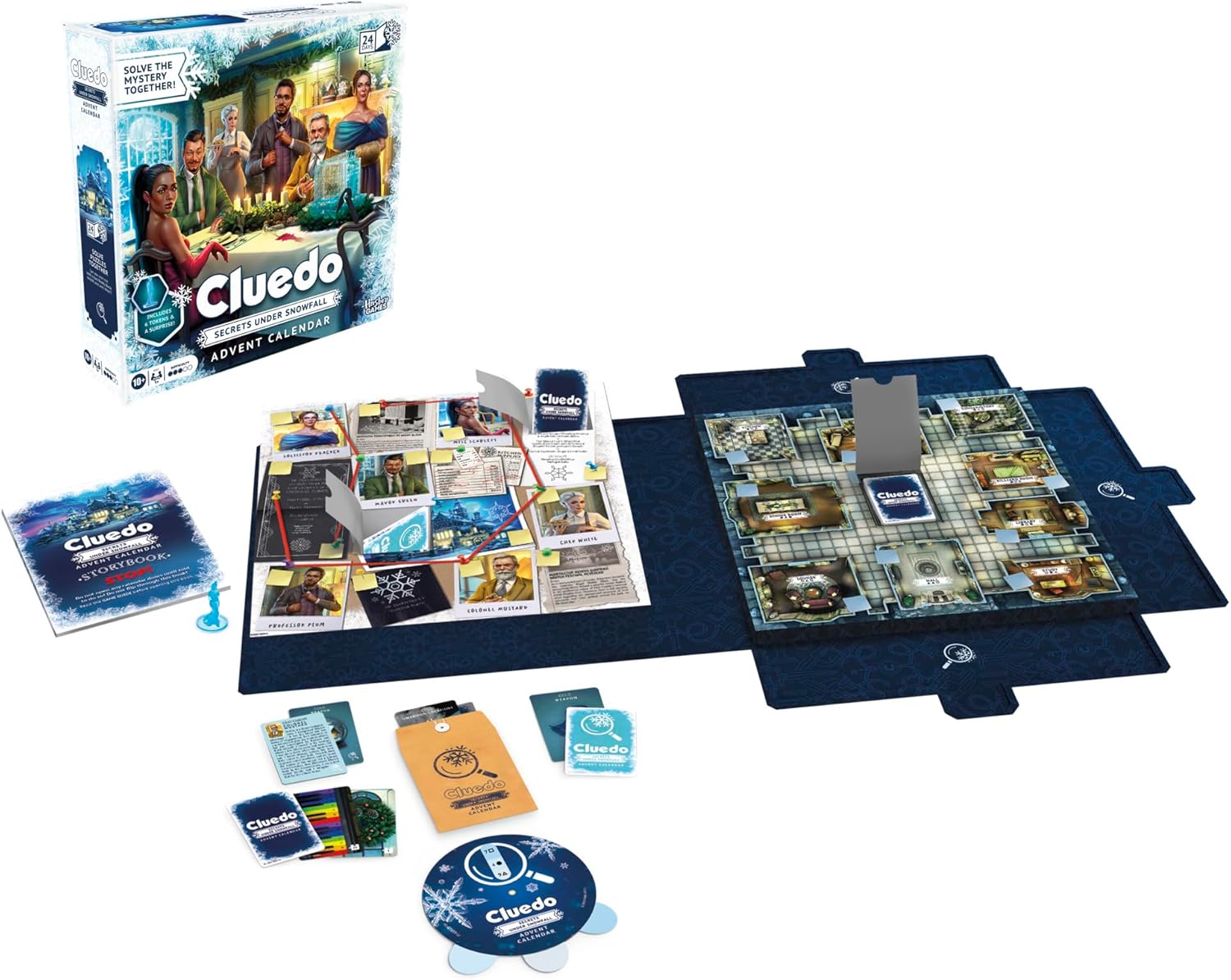 Cluedo Advent Calendar: Secrets Under Snowfall, 24-Day Family Mystery Puzzle Game with 22 Daily Puzzles, Storybook, Tokens and Surprises, Fun For Kids & Families That Love Classic Games