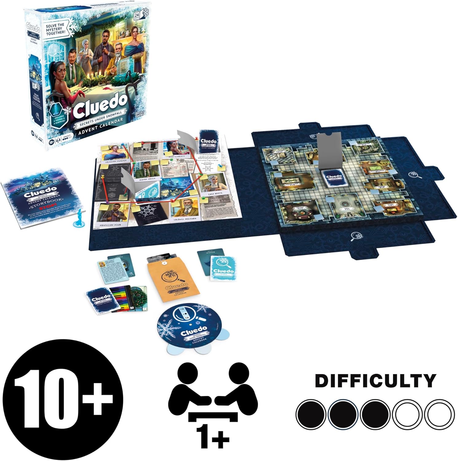 Cluedo Advent Calendar: Secrets Under Snowfall, 24-Day Family Mystery Puzzle Game with 22 Daily Puzzles, Storybook, Tokens and Surprises, Fun For Kids & Families That Love Classic Games