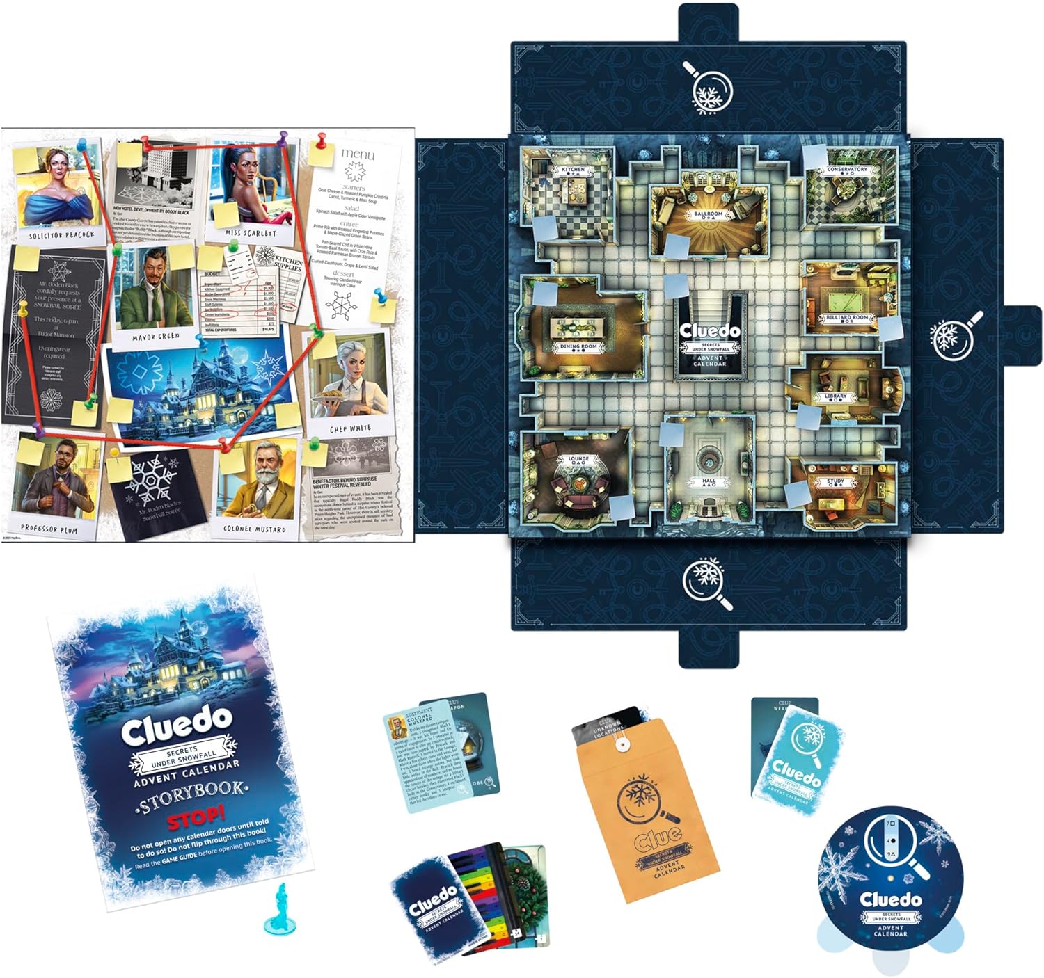 Cluedo Advent Calendar: Secrets Under Snowfall, 24-Day Family Mystery Puzzle Game with 22 Daily Puzzles, Storybook, Tokens and Surprises, Fun For Kids & Families That Love Classic Games
