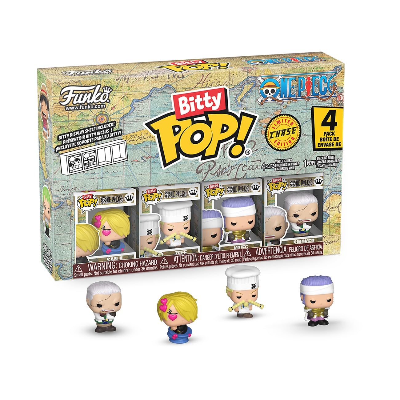 Funko Bitty Pop! One Piece - Sanji - 4 Pack - 1/6 Odds for Rare Chase Variant and A Surprise Mystery Mini Figure - 0.9 Inch (2.2 Cm) Collectable - Stackable Display Shelf Included