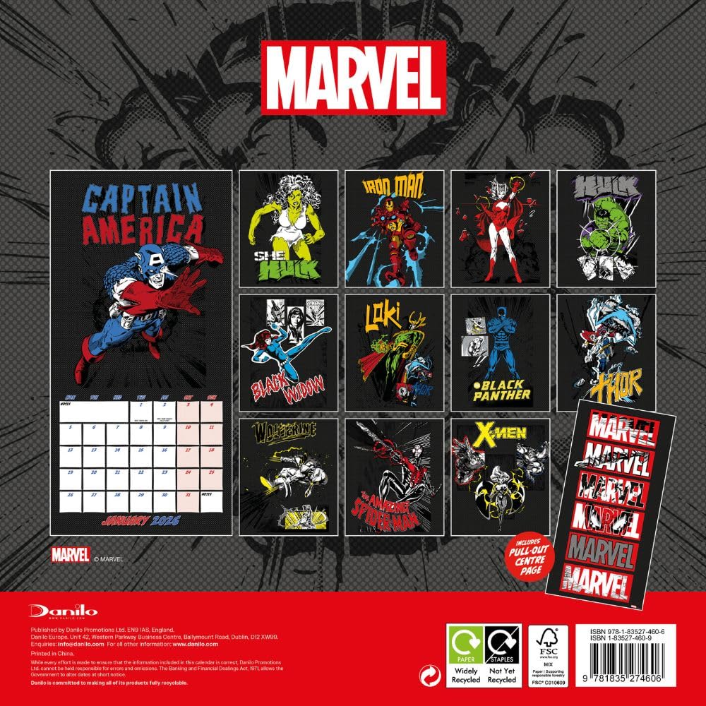 2026 CALENDAR MARVEL COMICS MONTH TO VIEW SQUARE WALL CALENDAR OFFICIAL PRODUCT
