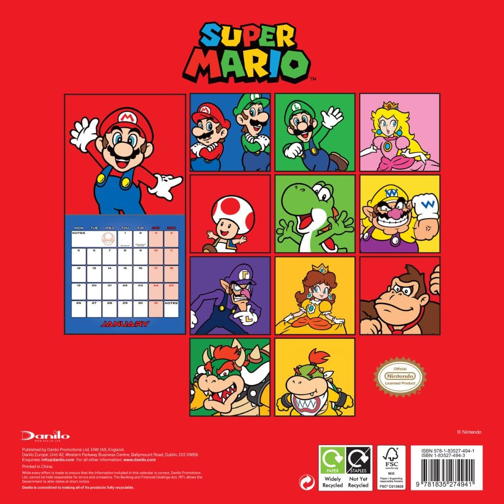 2026 CALENDAR SUPER MARIO MONTH TO VIEW SQUARE WALL CALENDAR OFFICIAL PRODUCT