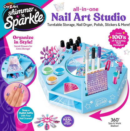 CRA-Z-ART Shimmer N Sparkle All In One Nail Art Studio With 360 turntable real working nail dryer and storage compartments Includes Nail polish, nail stickers