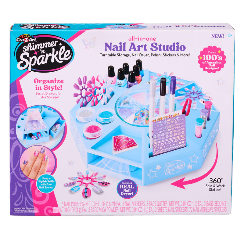 CRA-Z-ART Shimmer N Sparkle All In One Nail Art Studio With 360 turntable real working nail dryer and storage compartments Includes Nail polish, nail stickers