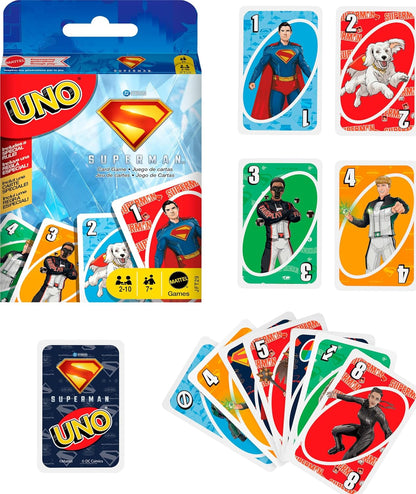 Mattel Games UNO Superman kaartspel voor kinderen, volwassenen en familienachten, feesten, reizen en kamperen, op film geïnspireerde speelgoedcollectie