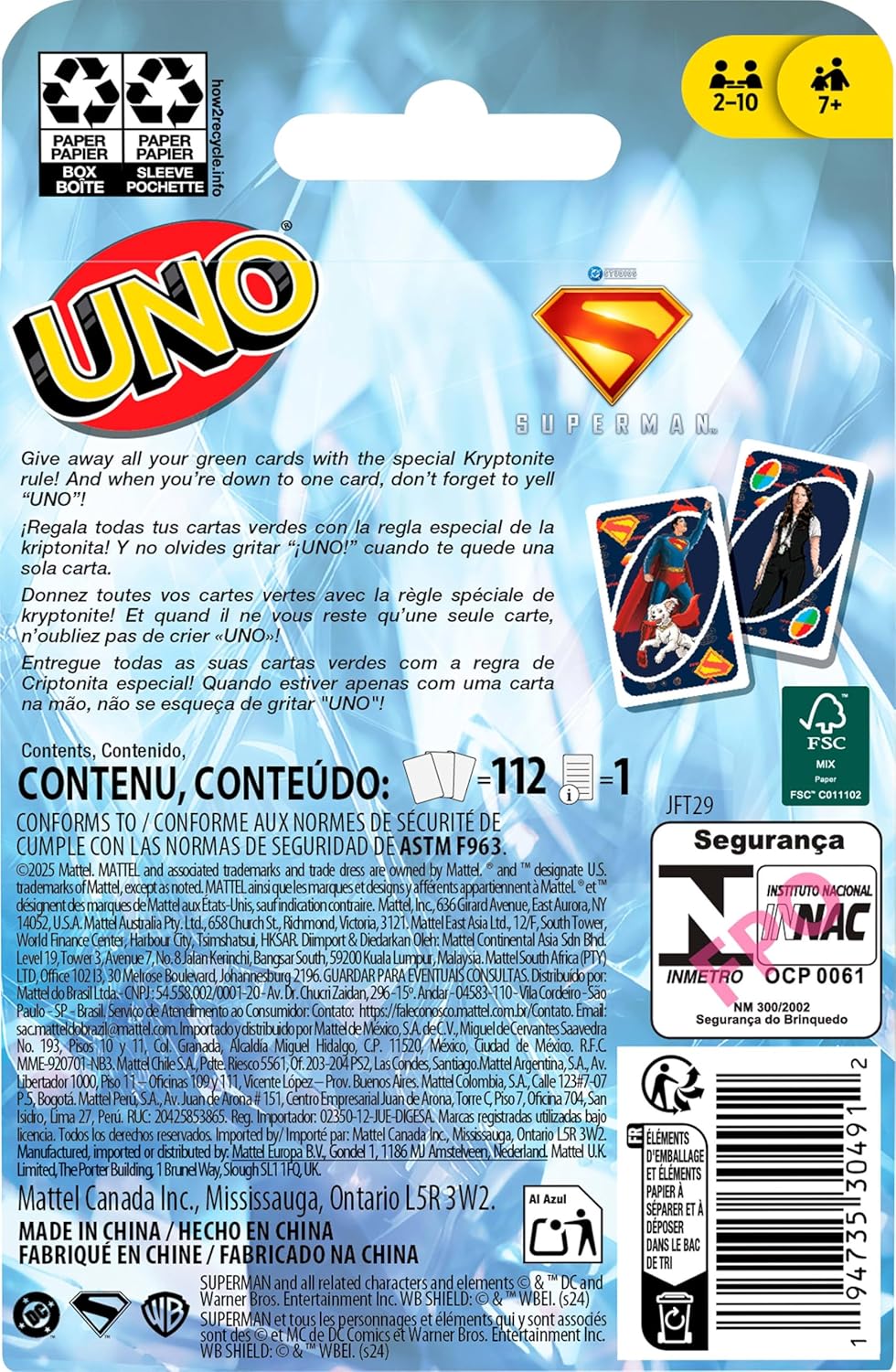 Mattel Games UNO Superman kaartspel voor kinderen, volwassenen en familienachten, feesten, reizen en kamperen, op film geïnspireerde speelgoedcollectie