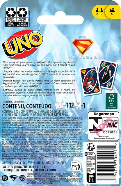 Mattel Games UNO Superman kaartspel voor kinderen, volwassenen en familienachten, feesten, reizen en kamperen, op film geïnspireerde speelgoedcollectie