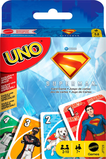 Mattel Games UNO Superman kaartspel voor kinderen, volwassenen en familienachten, feesten, reizen en kamperen, op film geïnspireerde speelgoedcollectie