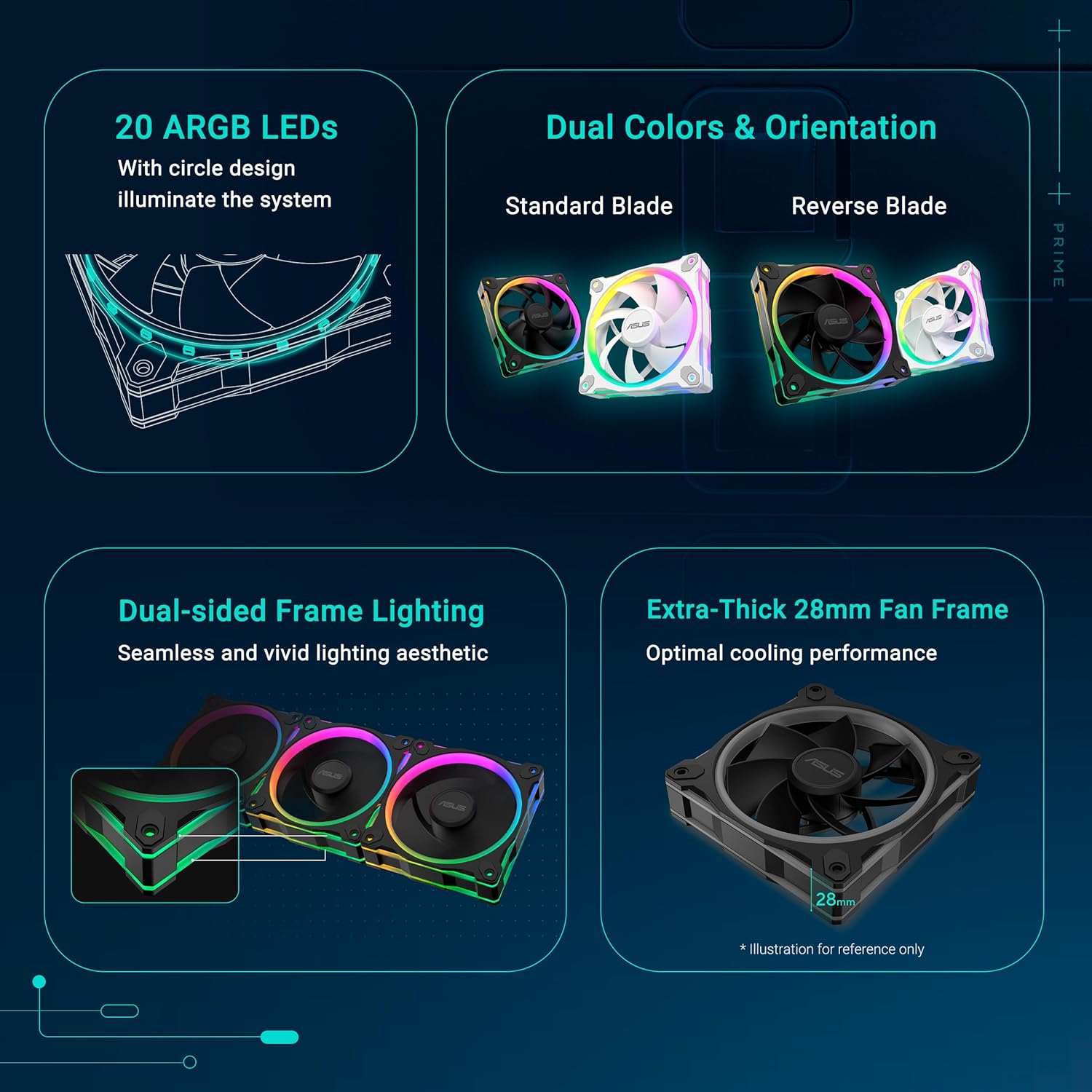 ASUS Prime MR120 ARGB, Ventola per Case da 120 mm, Spessore Telaio 2,8 cm, 20 LED ARGB Compatibili con Aura Sync per Illuminazione da Entrambi i Lati, Massimo 21 dB di Rumore, 3 Pezzi, Nero