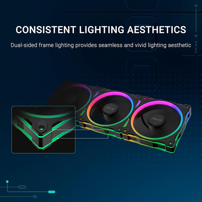 ASUS Prime MR120 ARGB, Ventola per Case da 120 mm, Spessore Telaio 2,8 cm, 20 LED ARGB Compatibili con Aura Sync per Illuminazione da Entrambi i Lati, Massimo 21 dB di Rumore, 3 Pezzi, Nero