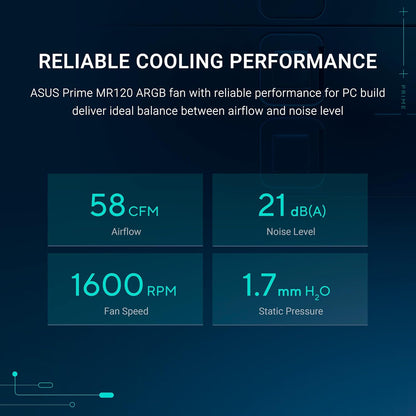 ASUS Prime MR120 ARGB, Ventola per Case da 120 mm, Spessore Telaio 2,8 cm, 20 LED ARGB Compatibili con Aura Sync per Illuminazione da Entrambi i Lati, Massimo 21 dB di Rumore, Bianco
