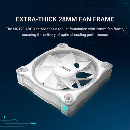 ASUS Prime MR120 ARGB Reverse, Ventola per Case da 120 mm, Spessore Telaio 2,8 cm, 20 LED ARGB Compatibili con Aura Sync per Illuminazione da Entrambi i Lati, 23 dB di Rumore, Bianco