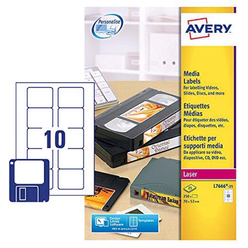 Avery L7666-25 Self-Adhesive Diskette/Floppy Disk Data Storage Labels, 10 Labels Per A4 Sheet, White