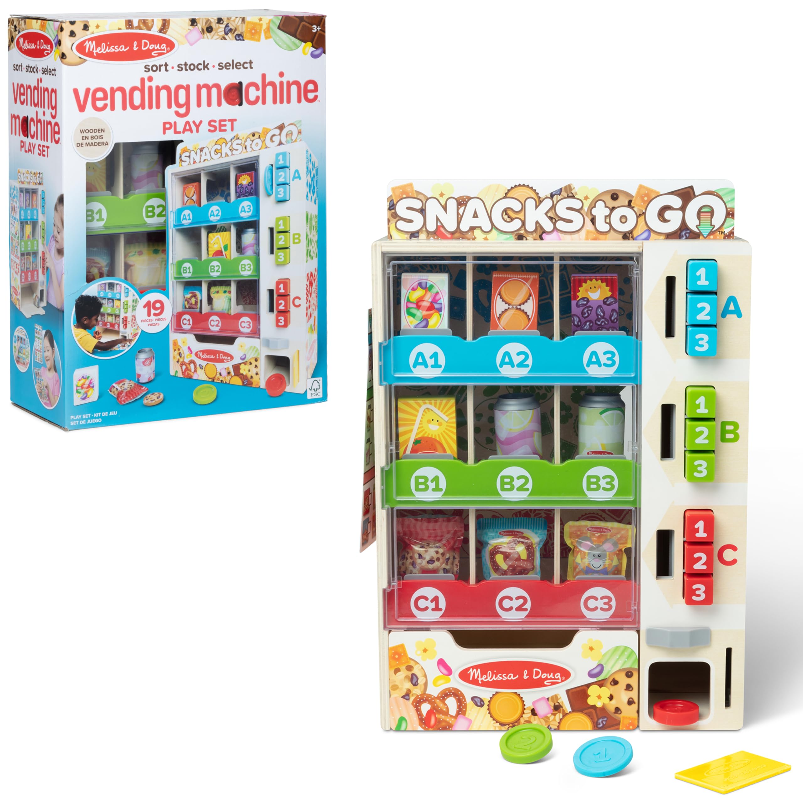 Melissa & Doug - Distributeur Automatique Boissons Nourriture - Machine + Accessoires - Jeu Imitation - Jouet En Bois - Jouet D'Activité, De Développement Et D'Apprentissage - Cadeau Enfant 3 Ans Et +
