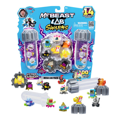 MrBeast Lab Swarms Hyper Fusion-serie, verzamel meer dan 100 unieke Hyper Fusion Swarms, Mega Lab-pakket bevat 14 microbeesten, 14 verzamelstickers en 4 fusiecappen om je eigen te bouwen