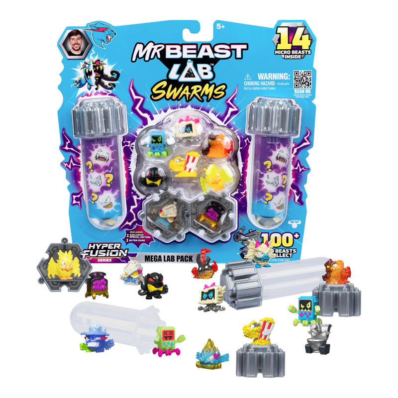 MrBeast Lab Swarms Hyper Fusion-serie, verzamel meer dan 100 unieke Hyper Fusion Swarms, Mega Lab-pakket bevat 14 microbeesten, 14 verzamelstickers en 4 fusiecappen om je eigen te bouwen
