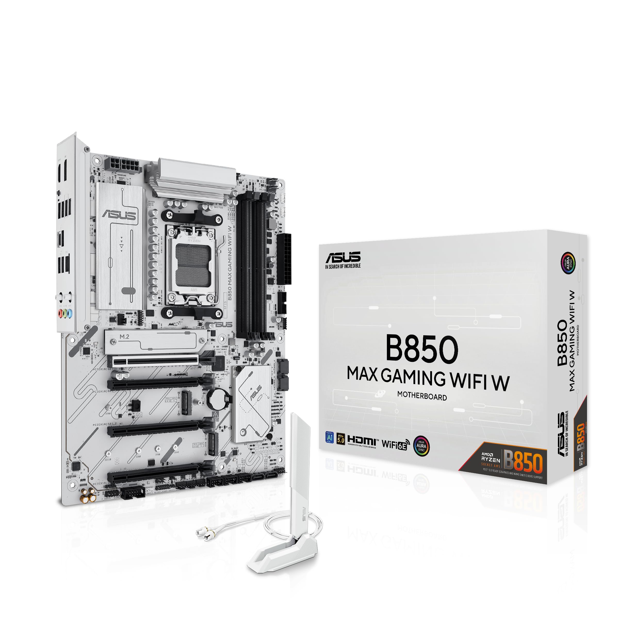 Asus B850 MAX GAMING WIFI W, AMD B850, AM5, ATX, 4 DDR5, HDMI, DP, Wi-Fi 6E, 2.5G LAN, 3x M.2, White