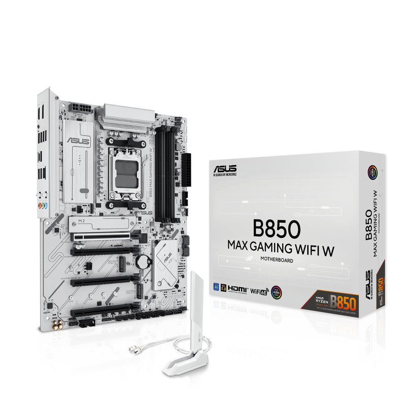 Asus B850 MAX GAMING WIFI W, AMD B850, AM5, ATX, 4 DDR5, HDMI, DP, Wi-Fi 6E, 2.5G LAN, 3x M.2, White