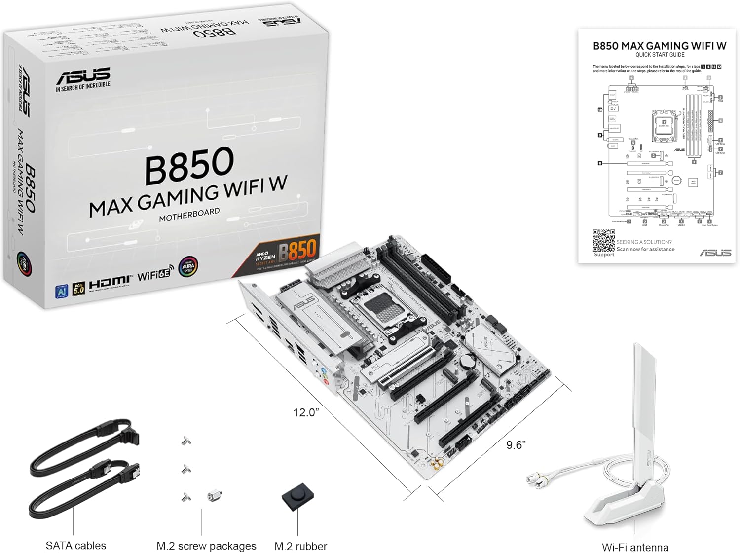 Asus B850 MAX GAMING WIFI W, AMD B850, AM5, ATX, 4 DDR5, HDMI, DP, Wi-Fi 6E, 2.5G LAN, 3x M.2, White