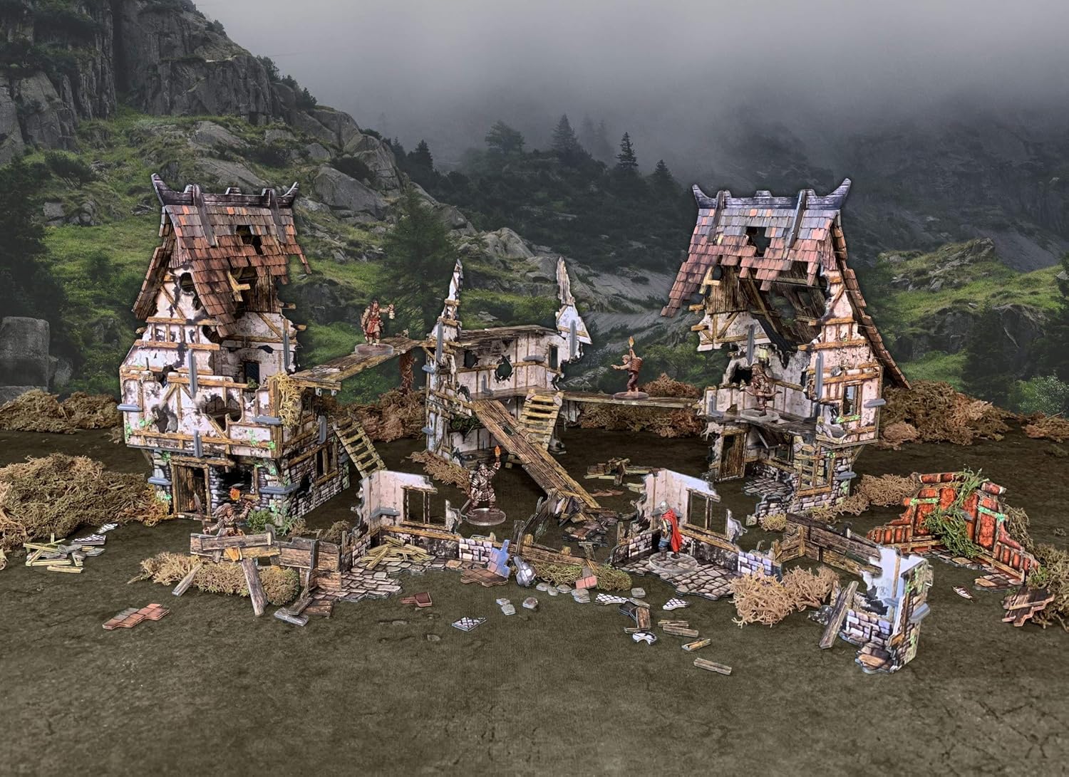 Fantasy Battle Systems Figure Wargames Terrain Village Ruins - Multi Level Tabletop War Game - 28mm Miniature Wargaming Roleplaying - 163 Pieces