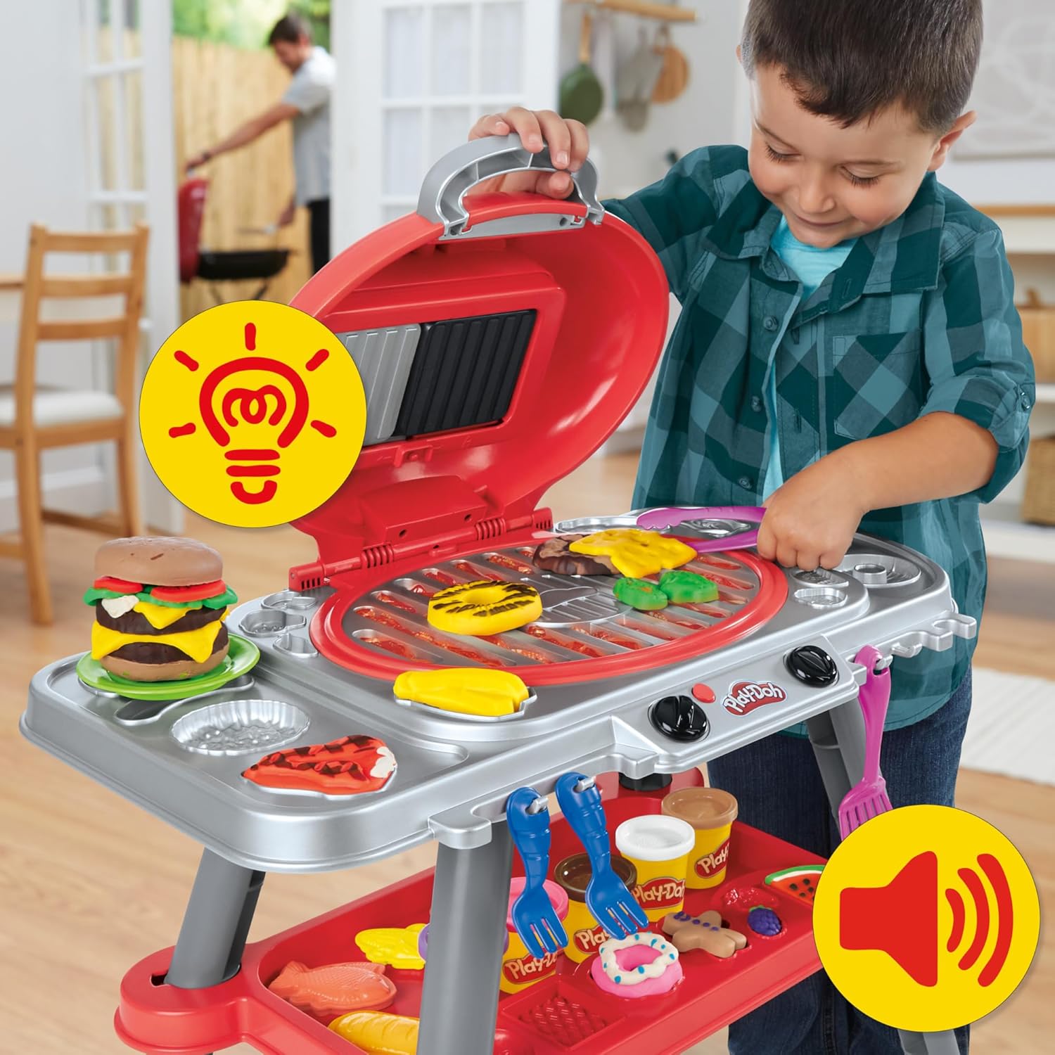 Play-Doh Sizzlin’ BBQ Grill Playset, 74 cm Tall with Lights, Sizzling Sounds, 17 Accessories & 10 Play-Doh Tubs, Arts & Crafts Toy for Kids (3+) Non-Toxic Modelling Compound, Fun Cooking Role Play Kit