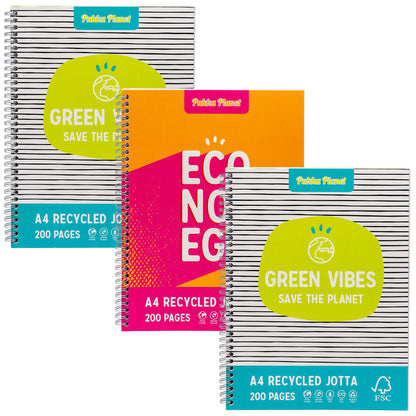 Pukka Planet A4+ Jotta – Pack of 3 Notebooks in 2 Assorted Designs with 200 Pages, 100 Sheets of 80GSM Lined FSC Paper with 4-Hole Punch Margins – Silver Wire Binding – Fully Recyclable