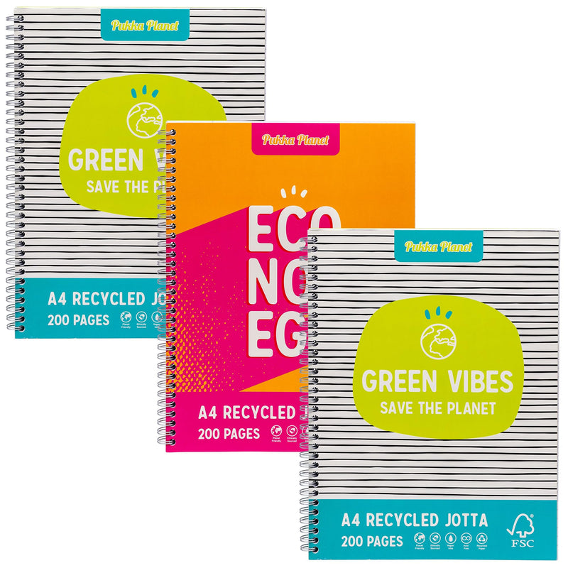 Pukka Planet A4+ Jotta – Pack of 3 Notebooks in 2 Assorted Designs with 200 Pages, 100 Sheets of 80GSM Lined FSC Paper with 4-Hole Punch Margins – Silver Wire Binding – Fully Recyclable