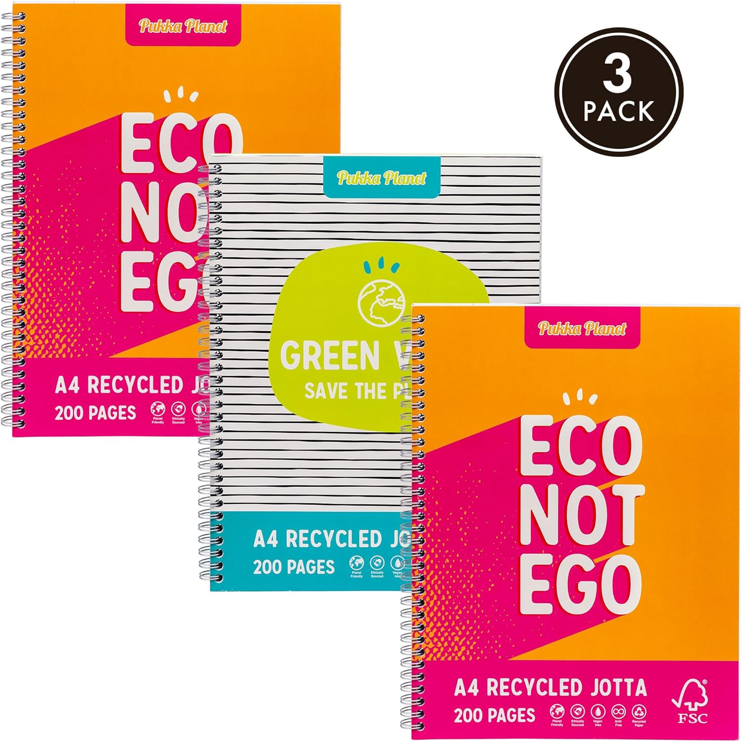 Pukka Planet A4+ Jotta – Pack of 3 Notebooks in 2 Assorted Designs with 200 Pages, 100 Sheets of 80GSM Lined FSC Paper with 4-Hole Punch Margins – Silver Wire Binding – Fully Recyclable