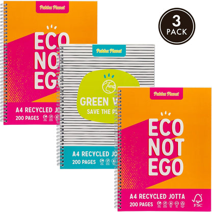 Pukka Planet A4+ Jotta – Pack of 3 Notebooks in 2 Assorted Designs with 200 Pages, 100 Sheets of 80GSM Lined FSC Paper with 4-Hole Punch Margins – Silver Wire Binding – Fully Recyclable