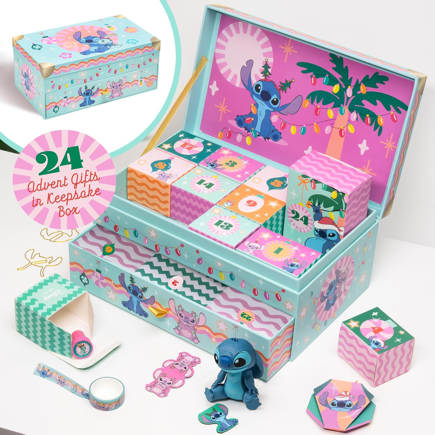 Stitch Boîte à souvenirs calendrier de l'Avent 24 jours avec cadeaux Stitch et surprises de papeterie, compte à rebours jusqu'à Noël, cadeau sous licence officielle pour les fans de Disney Paladone