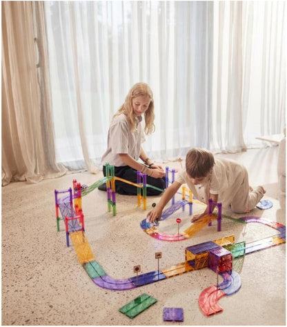 Highway Construction Kit in Pastel Colours, 80 Pieces, Magnetic Toy Race Track with Car, Traffic Signs, Robust Educational Toy, Durable Magnetic Building Blocks, for Children from 3 Years