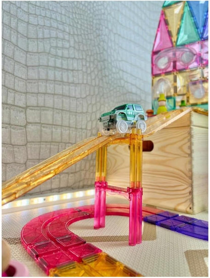 Highway Construction Kit in Pastel Colours, 80 Pieces, Magnetic Toy Race Track with Car, Traffic Signs, Robust Educational Toy, Durable Magnetic Building Blocks, for Children from 3 Years