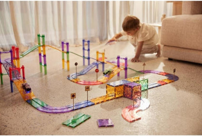 Highway Construction Kit in Pastel Colours, 80 Pieces, Magnetic Toy Race Track with Car, Traffic Signs, Robust Educational Toy, Durable Magnetic Building Blocks, for Children from 3 Years