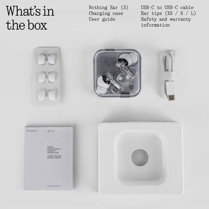 Nothing Ear (3) Wireless Earbuds, Adaptative Noise Cancelling In-ear Headphones with LDAC Hi-Res, Super Mic, IP54, Quick charge, Up to 38 hours of Battery Life, Android and iOS Compatible
