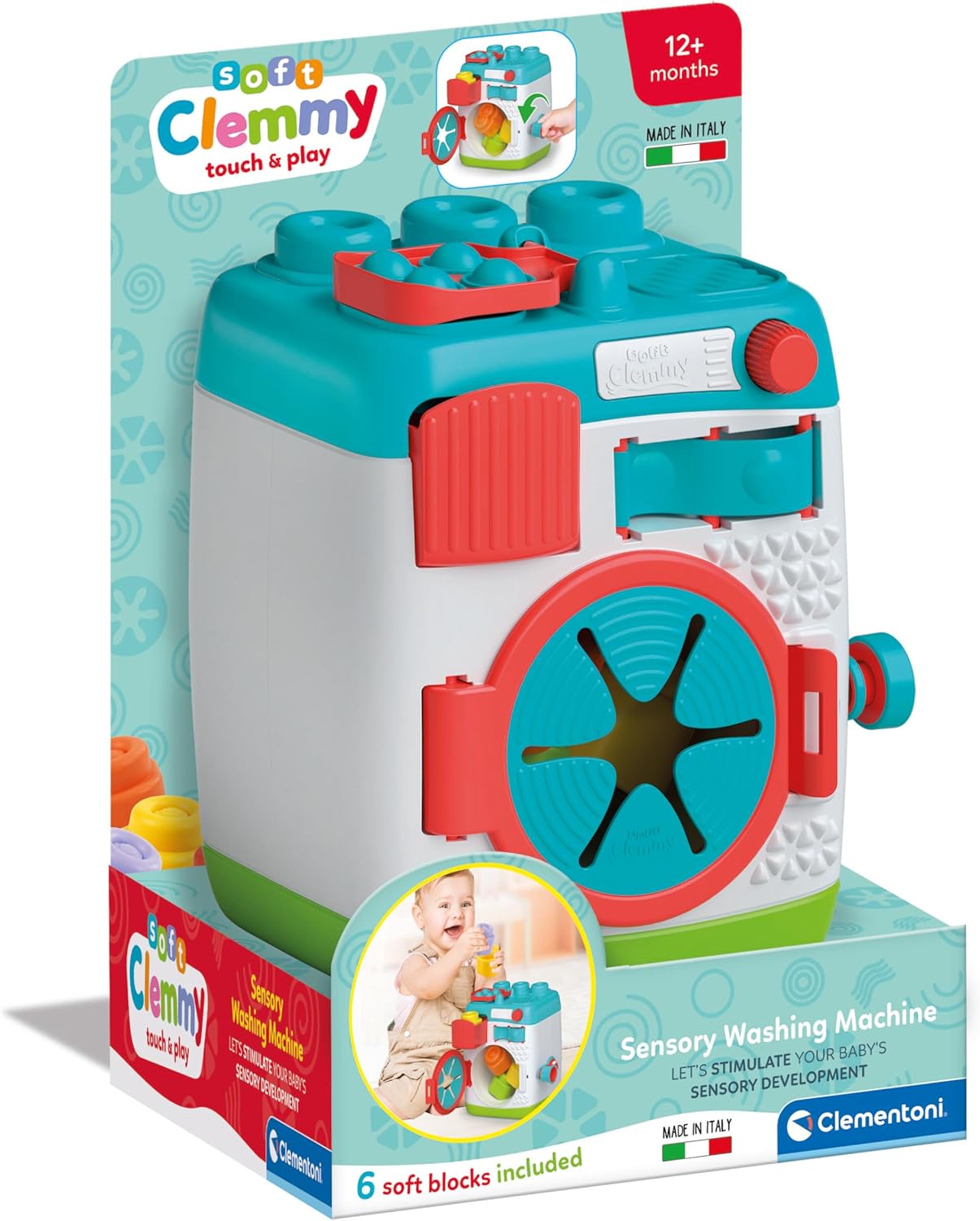 Clementoni Sensorisch Wasmachine - Baby Blokken - Zachte Stapelblokken - Met Wasmachine als Activiteitenkubus - Motoriek Speelgoed voor Baby's