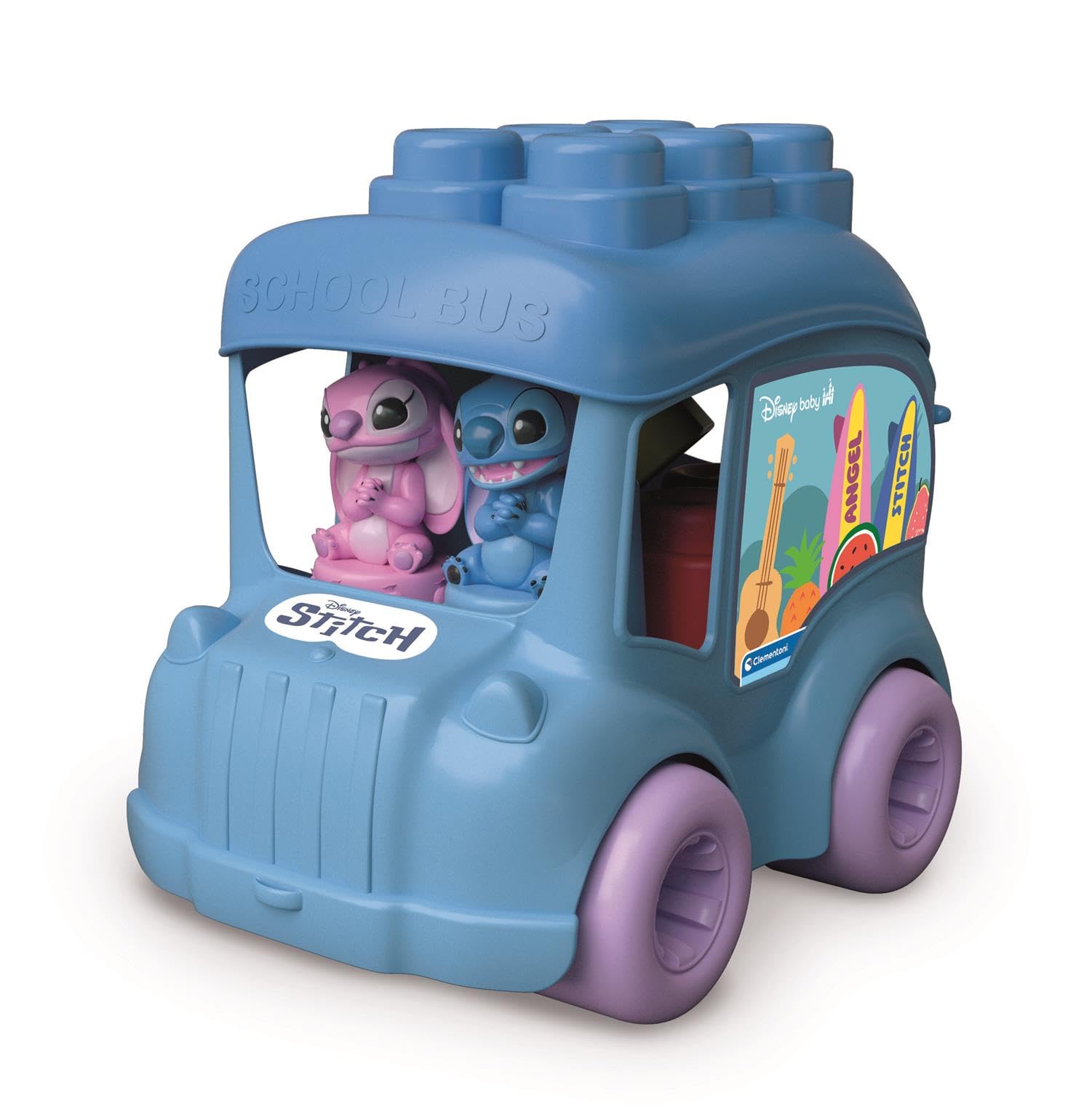 Clementoni Disney Baby - Baby Blokken met Stitch Busje - Bouwblokken voor Kinderen - Kleurrijke Stapelblokken met Speelgoed Auto