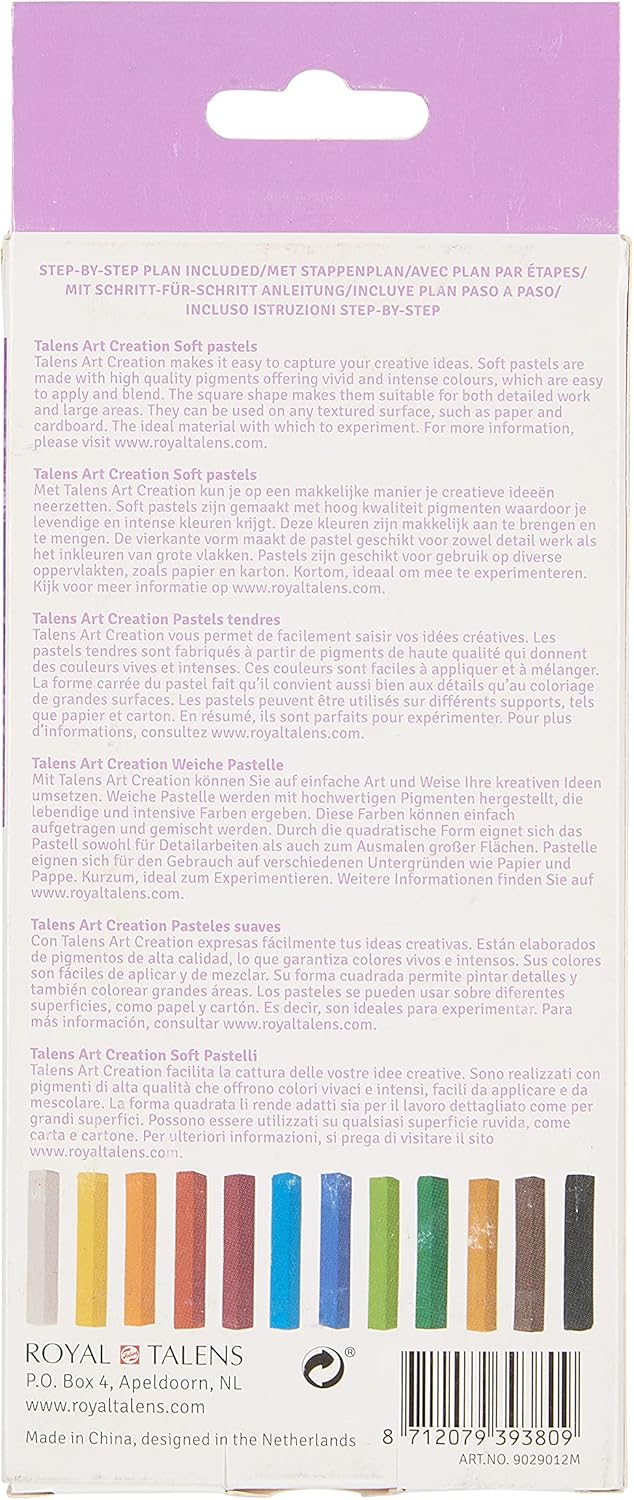 Talens Art Creation - Soft Pastel Set 12 Colours - Vivid Pigment - Velvet Finish - Easy Blend - Square Shape - Ideal for Artists - Crayon Style
