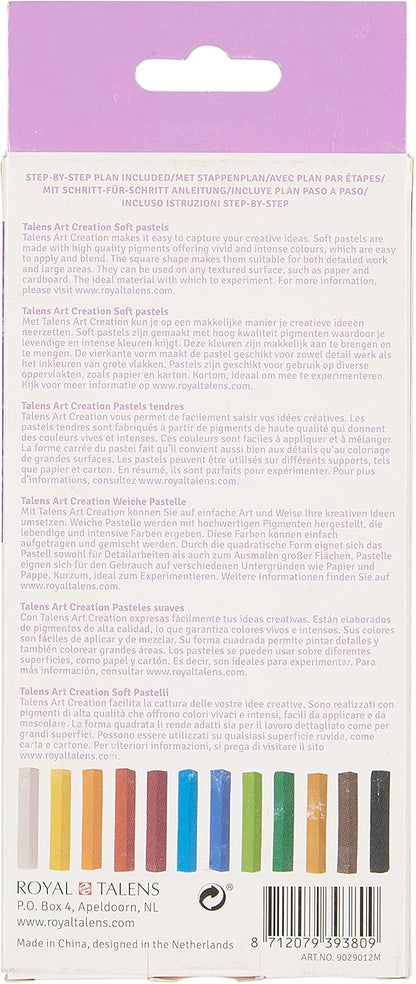 Talens Art Creation - Soft Pastel Set 12 Colours - Vivid Pigment - Velvet Finish - Easy Blend - Square Shape - Ideal for Artists - Crayon Style