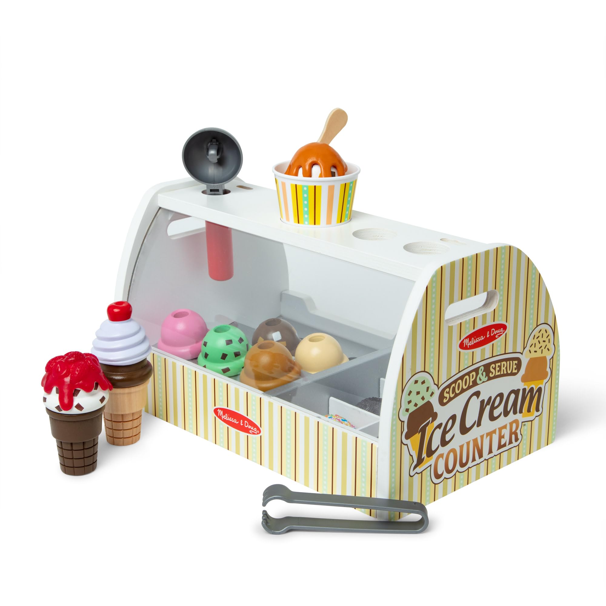 Melissa & Doug Eisdiele aus Holz - 28-teiliges Spielset zum Portionieren und Servieren von 8 Sorten Eiscreme in Eistüten oder im Eisbecher, Spielgeld inklusive, für Kinder ab 3 Jahren
