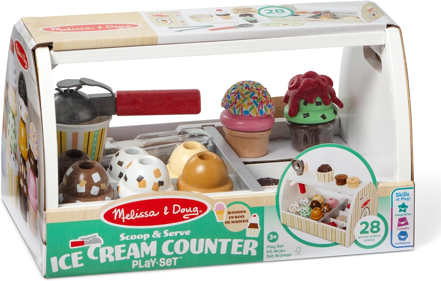 Melissa & Doug Eisdiele aus Holz - 28-teiliges Spielset zum Portionieren und Servieren von 8 Sorten Eiscreme in Eistüten oder im Eisbecher, Spielgeld inklusive, für Kinder ab 3 Jahren