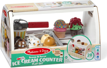 Melissa & Doug Eisdiele aus Holz - 28-teiliges Spielset zum Portionieren und Servieren von 8 Sorten Eiscreme in Eistüten oder im Eisbecher, Spielgeld inklusive, für Kinder ab 3 Jahren